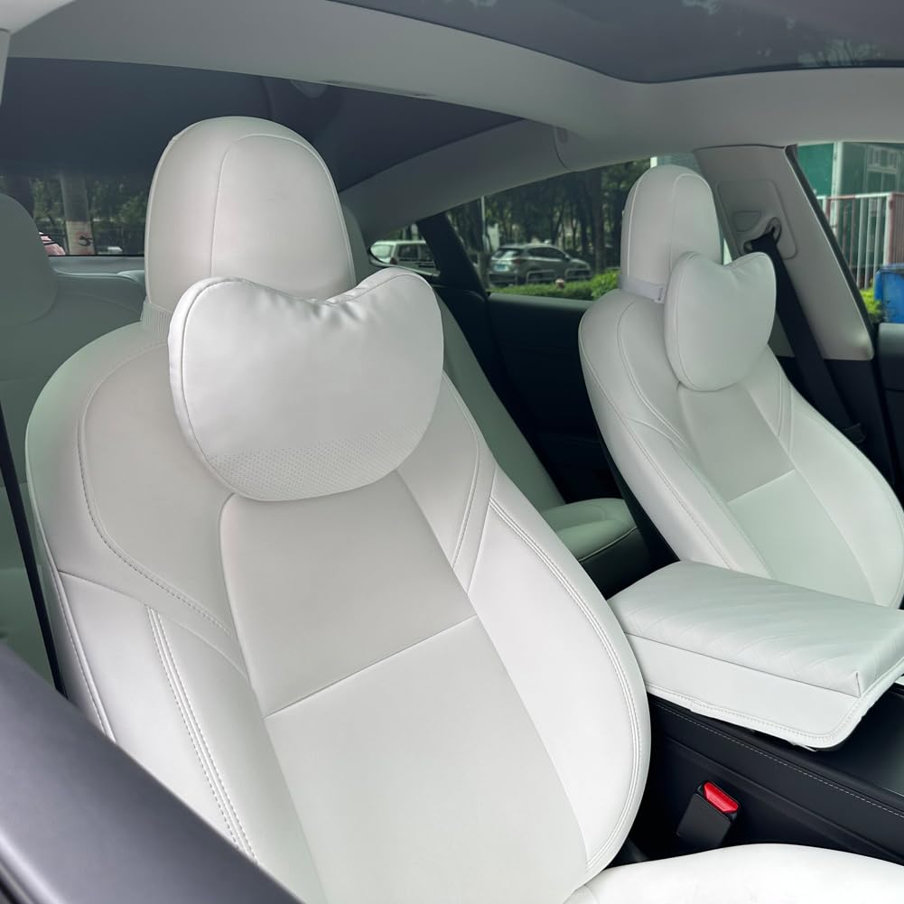 TANOLA TESBEAUTY Tesla Seat Headrest Pillow 2 Packs Tesla Neck Pillow Uniquely Designed for Tesla Model Y/3 Neck Support Cushion Genuine Nappa Leather White Black