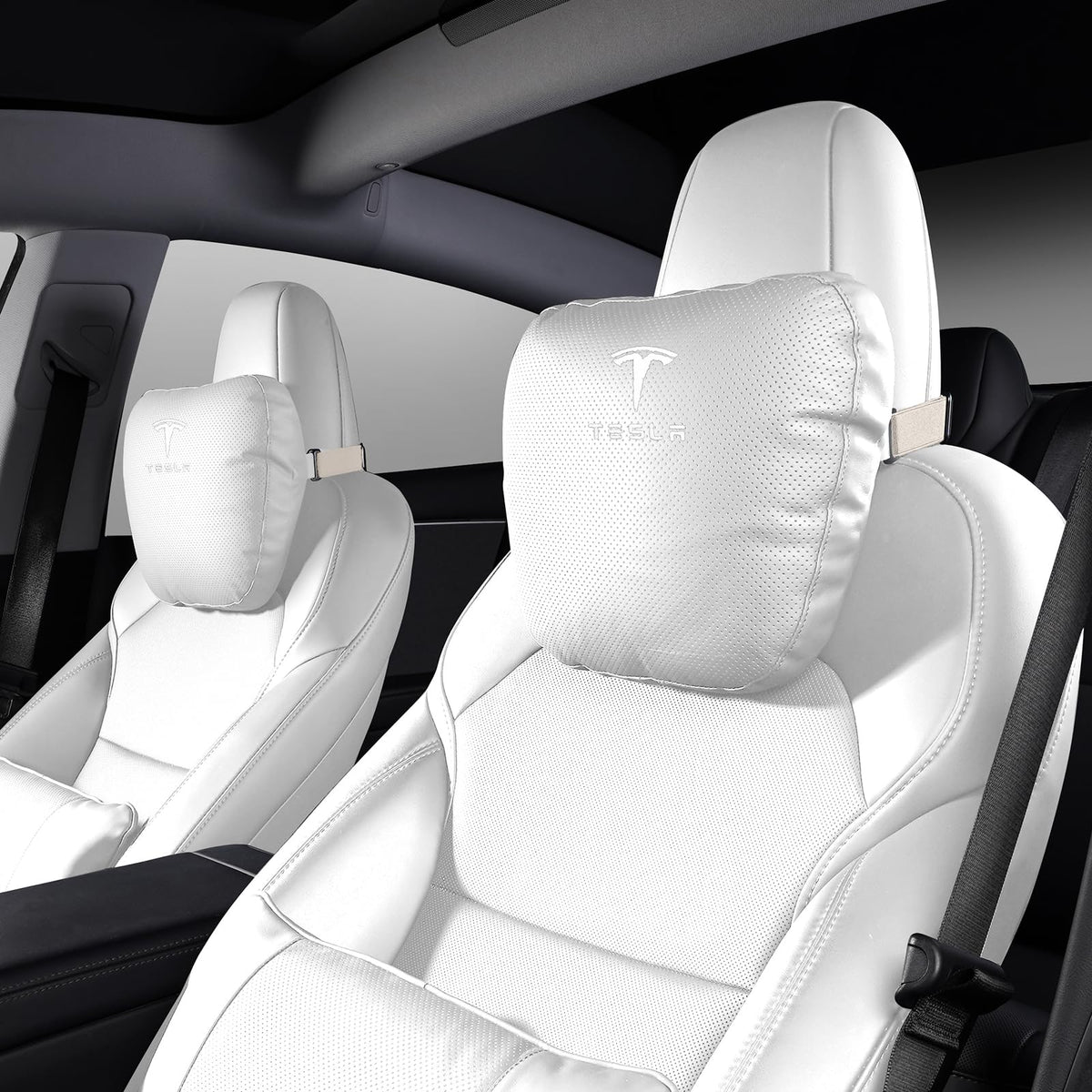 Quintor Genuine Nappa Leather Neck Pillow for Tesla Model Y/3/X/S, Car Seat Headrest Cushion 2-Pack, True Height & Thickness Adjustable, with Luxury Gift Box