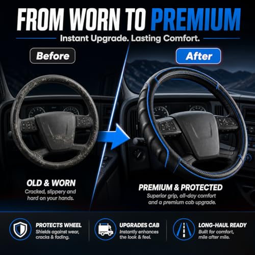 18 Inch Semi Truck Steering Wheel Cover for Freightliner Cascadia, Kenworth T680 T880, Peterbilt 579 & Volvo VNL – Heavy Duty Anti-Slip Leather Grip for Big Rig Class 8 Trucks
