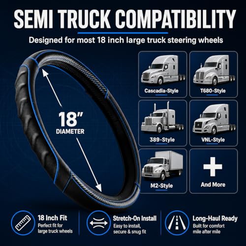 18 Inch Semi Truck Steering Wheel Cover for Freightliner Cascadia, Kenworth T680 T880, Peterbilt 579 & Volvo VNL – Heavy Duty Anti-Slip Leather Grip for Big Rig Class 8 Trucks