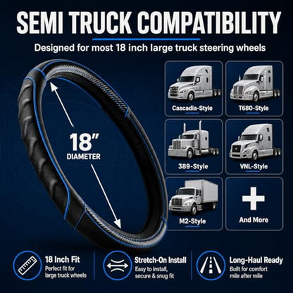 18 Inch Semi Truck Steering Wheel Cover for Freightliner Cascadia, Kenworth T680 T880, Peterbilt 579 & Volvo VNL – Heavy Duty Anti-Slip Leather Grip for Big Rig Class 8 Trucks