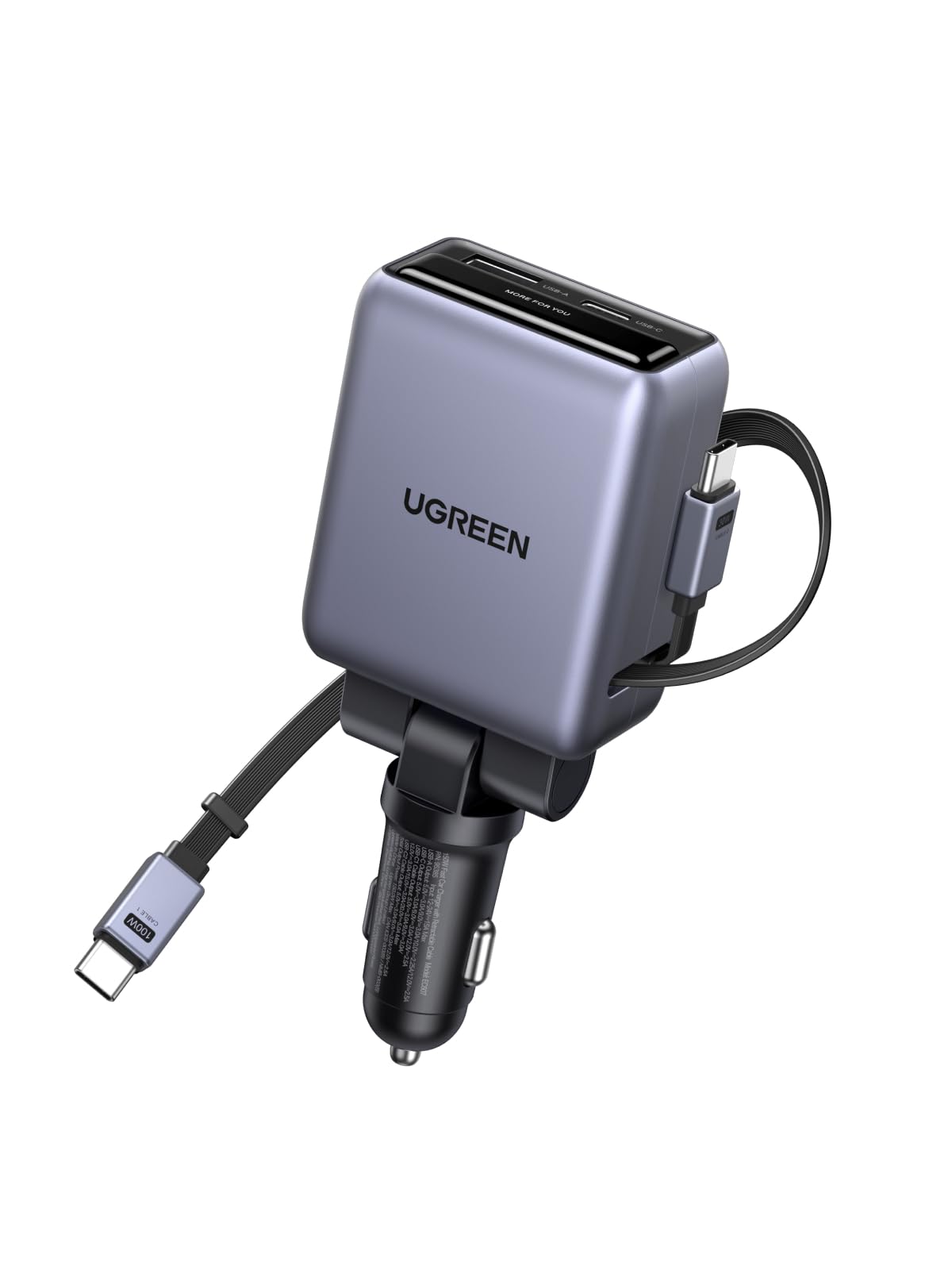 UGREEN 150W 4-Port Retractable Car Charger with 100W Retractable Cable