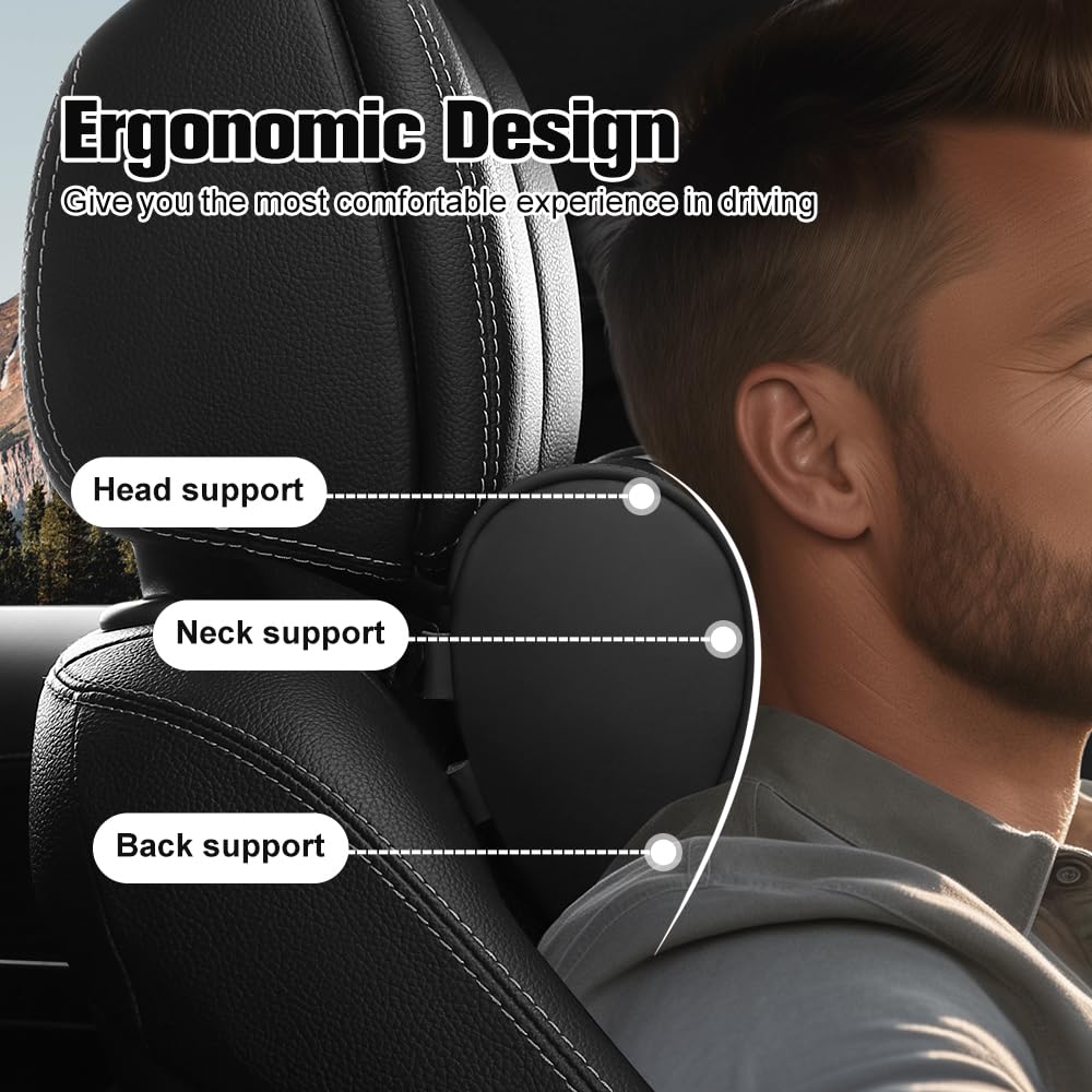 HOPON Headrest Pillow for Tesla Model 3 Model Y with Adjustable Strap,Tesla Neck Pillow with Leather,for Head,Neck,Shoulders,Multipurpose,Tesla Accessories