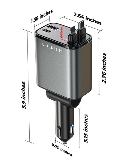 LISEN Retractable Car Charger, 84W Car Charger USB C Fast Charger Adapter, Car Accessories for Men Women, Gifts for Fathers Day for Men Dad Husband, for iPhone 17 16 15 14 13 12 Pro Max
