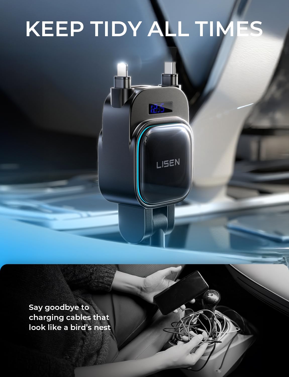 LISEN 96W 4 in 1 Retractable Car Charger with USB C & Lightning Cable for iPhone 17 Pro Max 16 15 14 13 12, Samsung Galaxy S25 S24, Android - Fast Charging Cigarette Lighter Adapter