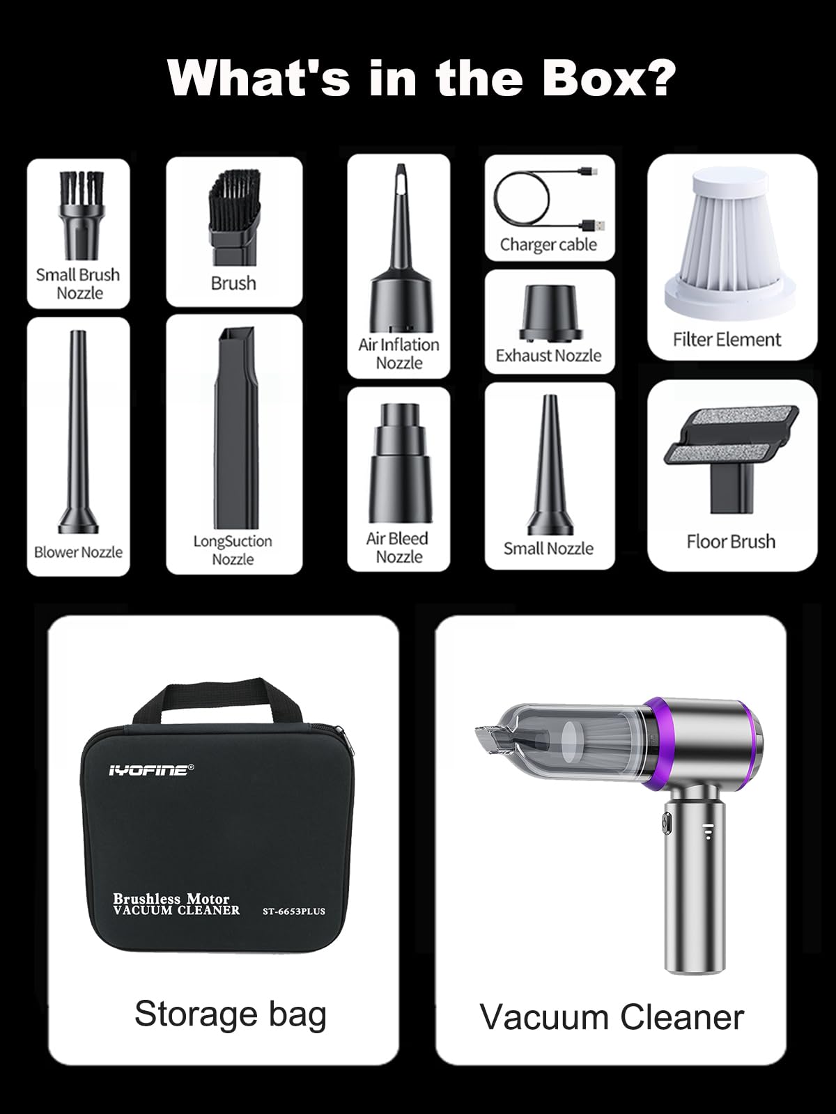 IYOFINE Car Vacuum Portable Cordless 21000PA High Power Mini Vacuum Cleaner 4-in-1 Compressed Air Duster & Air Blower & Pump Hand Held Vacuum with Brushless Motor for Car, Home, Office