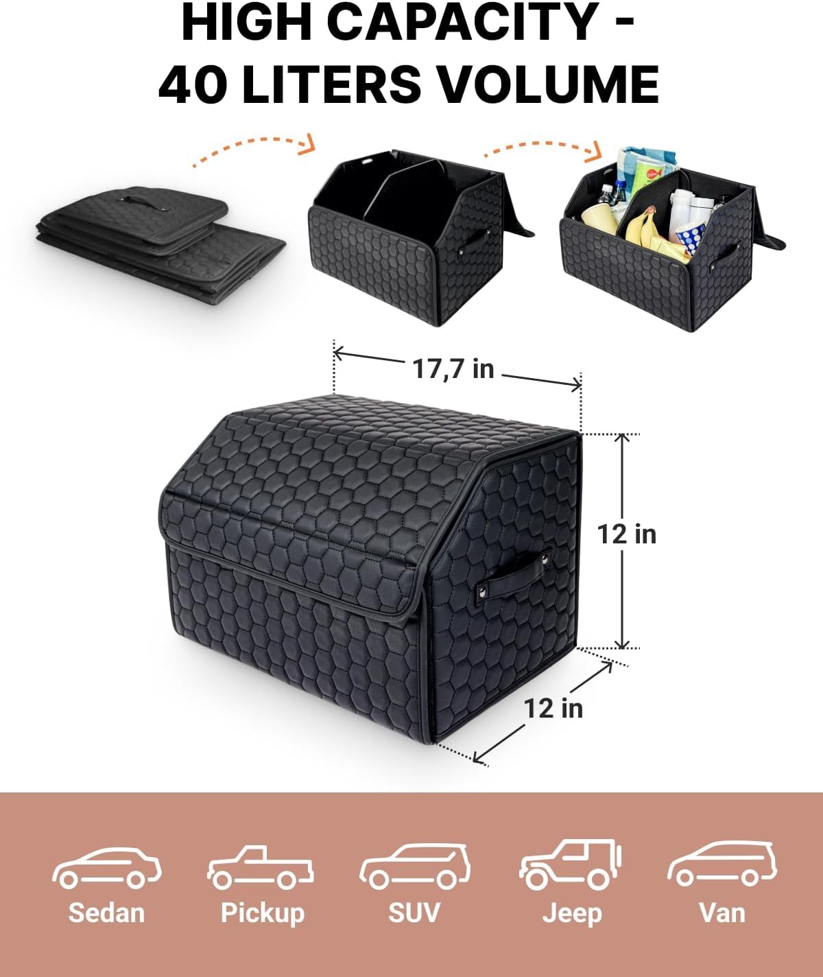 Owleys Car Trunk Organizer for SUV, Lid, PU Leather, 40L or 50L