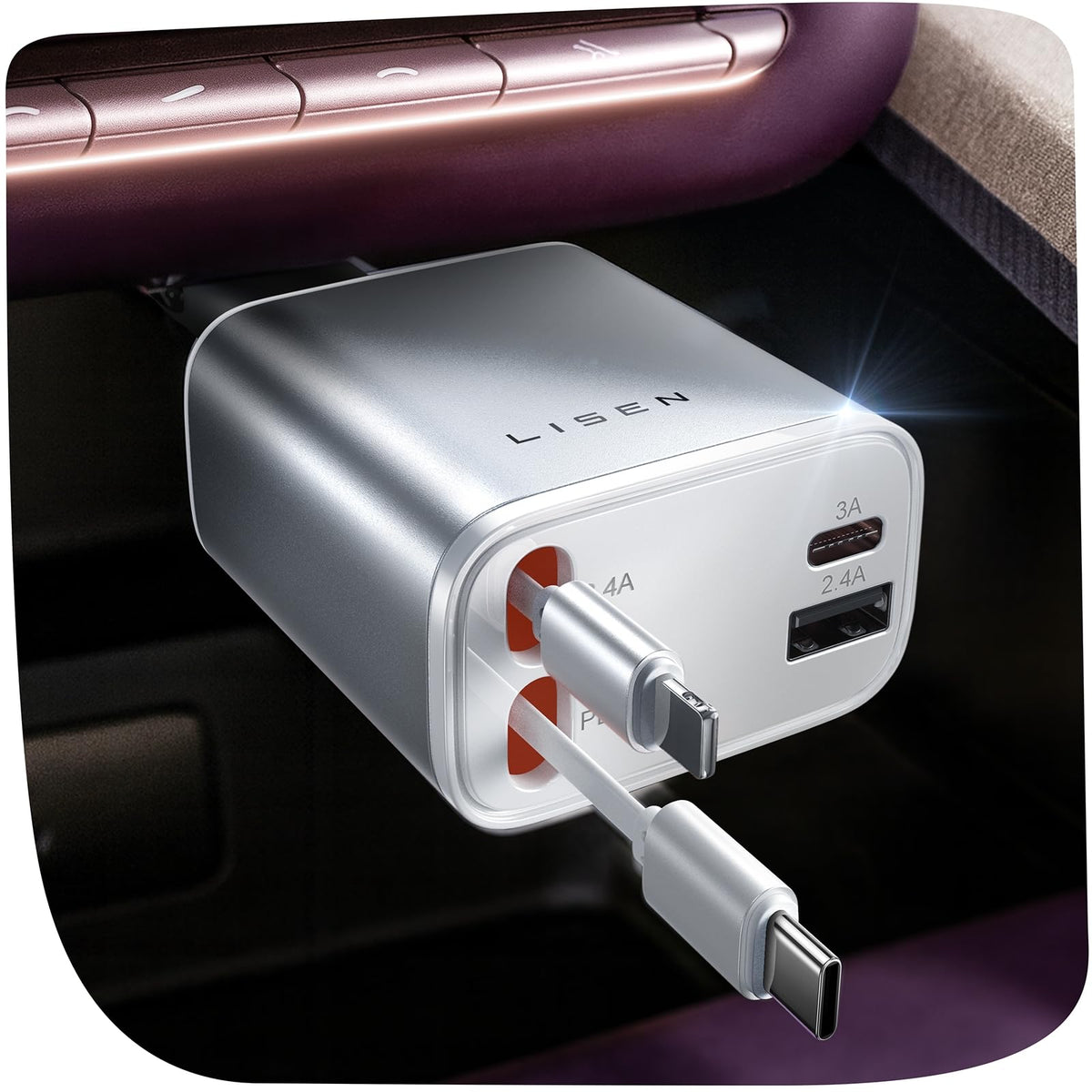 LISEN Retractable Car Charger, 84W Car Charger USB C Fast Charger Adapter, Car Accessories for Men Women, Gifts for Fathers Day for Men Dad Husband, for iPhone 17 16 15 14 13 12 Pro Max