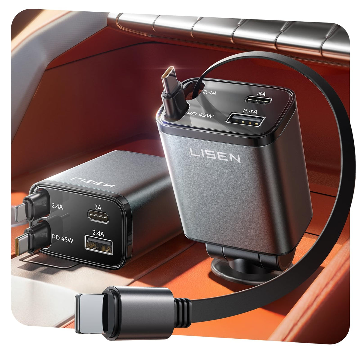 LISEN Retractable Car Charger, 84W Car Charger USB C Fast Charger Adapter, Car Accessories for Men Women, Gifts for Fathers Day for Men Dad Husband, for iPhone 17 16 15 14 13 12 Pro Max