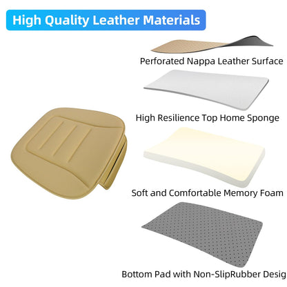 KAYI Car Seat Cushion, Comfort Memory Foam Car Cushions for Driving, Breathable Leather Surface with Anti Slip Rubber Bottom, Seat Cushion for Car and Office Chair
