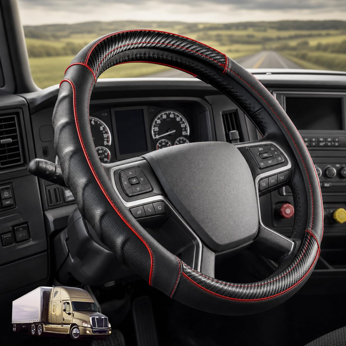 18 Inch Semi Truck Steering Wheel Cover for Freightliner Cascadia, Kenworth T680 T880, Peterbilt 579 & Volvo VNL – Heavy Duty Anti-Slip Leather Grip for Big Rig Class 8 Trucks