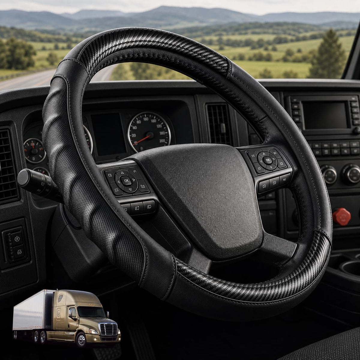 18 Inch Semi Truck Steering Wheel Cover for Freightliner Cascadia, Kenworth T680 T880, Peterbilt 579 & Volvo VNL – Heavy Duty Anti-Slip Leather Grip for Big Rig Class 8 Trucks