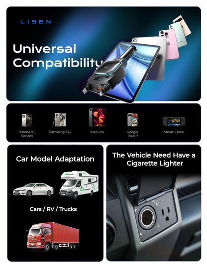 LISEN 96W 4 in 1 Retractable Car Charger with USB C & Lightning Cable for iPhone 17 Pro Max 16 15 14 13 12, Samsung Galaxy S25 S24, Android - Fast Charging Cigarette Lighter Adapter