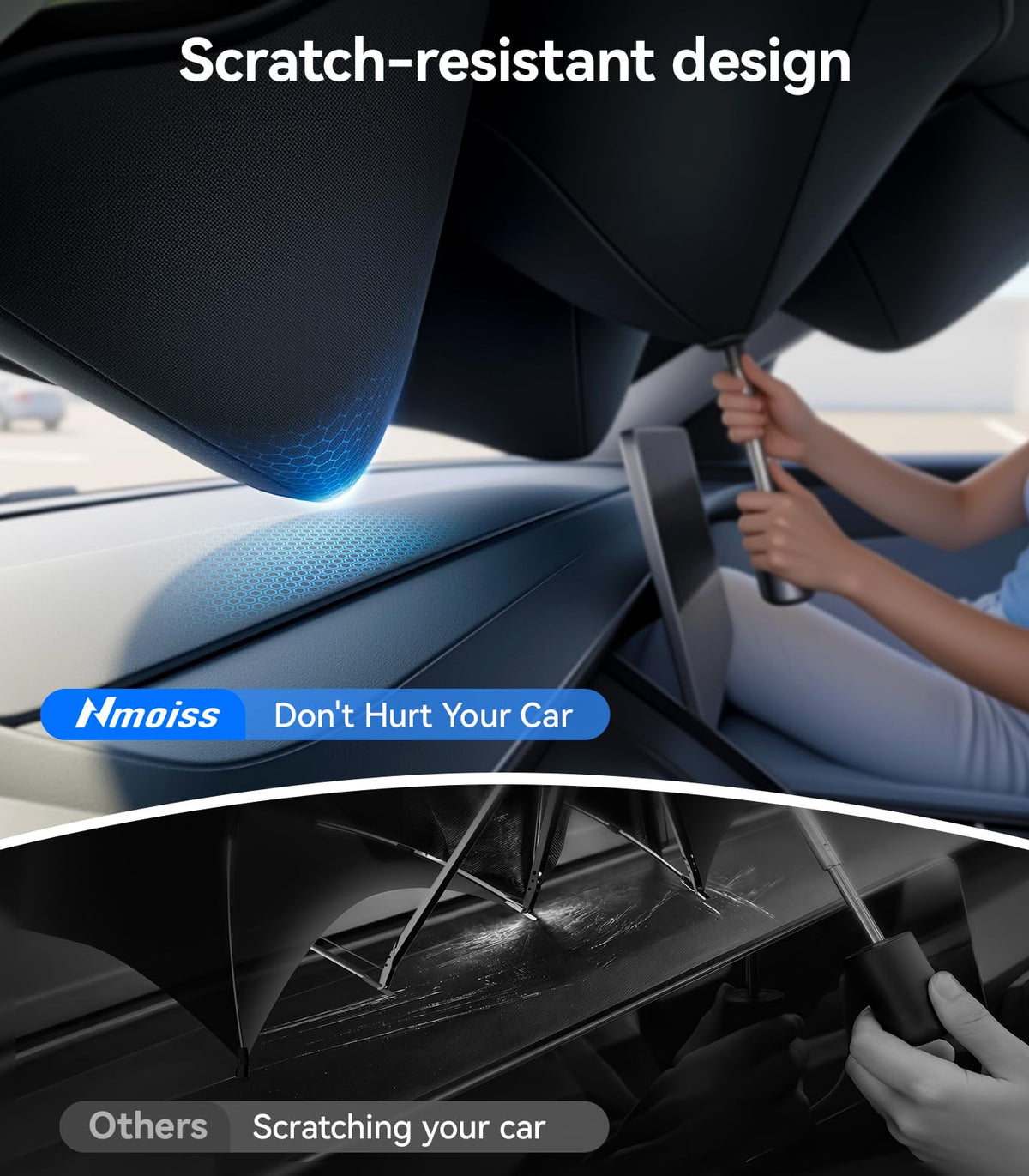 Nmoiss True Dual Layer Air Cooled Windshield Sun Shade Umbrella - [Drive to Superior Coolness & Comfort] Block 99% UV Sun Rays & Heat Damage Keep Cool and Protect Interior
