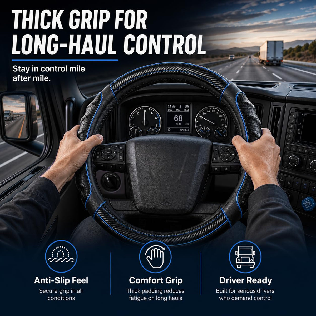 18 Inch Semi Truck Steering Wheel Cover for Freightliner Cascadia, Kenworth T680 T880, Peterbilt 579 & Volvo VNL – Heavy Duty Anti-Slip Leather Grip for Big Rig Class 8 Trucks