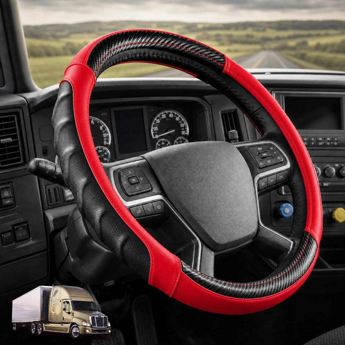 18 Inch Semi Truck Steering Wheel Cover for Freightliner Cascadia, Kenworth T680 T880, Peterbilt 579 & Volvo VNL – Heavy Duty Anti-Slip Leather Grip for Big Rig Class 8 Trucks