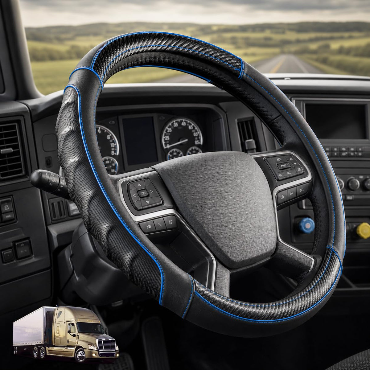 18 Inch Semi Truck Steering Wheel Cover for Freightliner Cascadia, Kenworth T680 T880, Peterbilt 579 & Volvo VNL – Heavy Duty Anti-Slip Leather Grip for Big Rig Class 8 Trucks