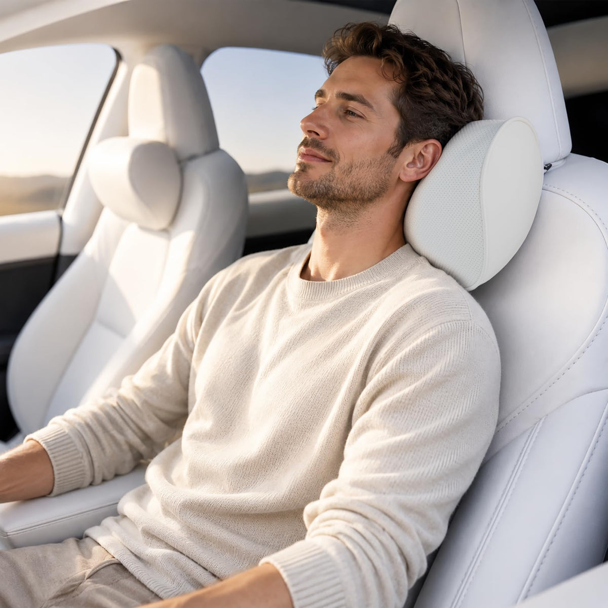 HOPON Headrest Pillow for Tesla Model 3 Model Y with Adjustable Strap,Tesla Neck Pillow with Leather,for Head,Neck,Shoulders,Multipurpose,Tesla Accessories
