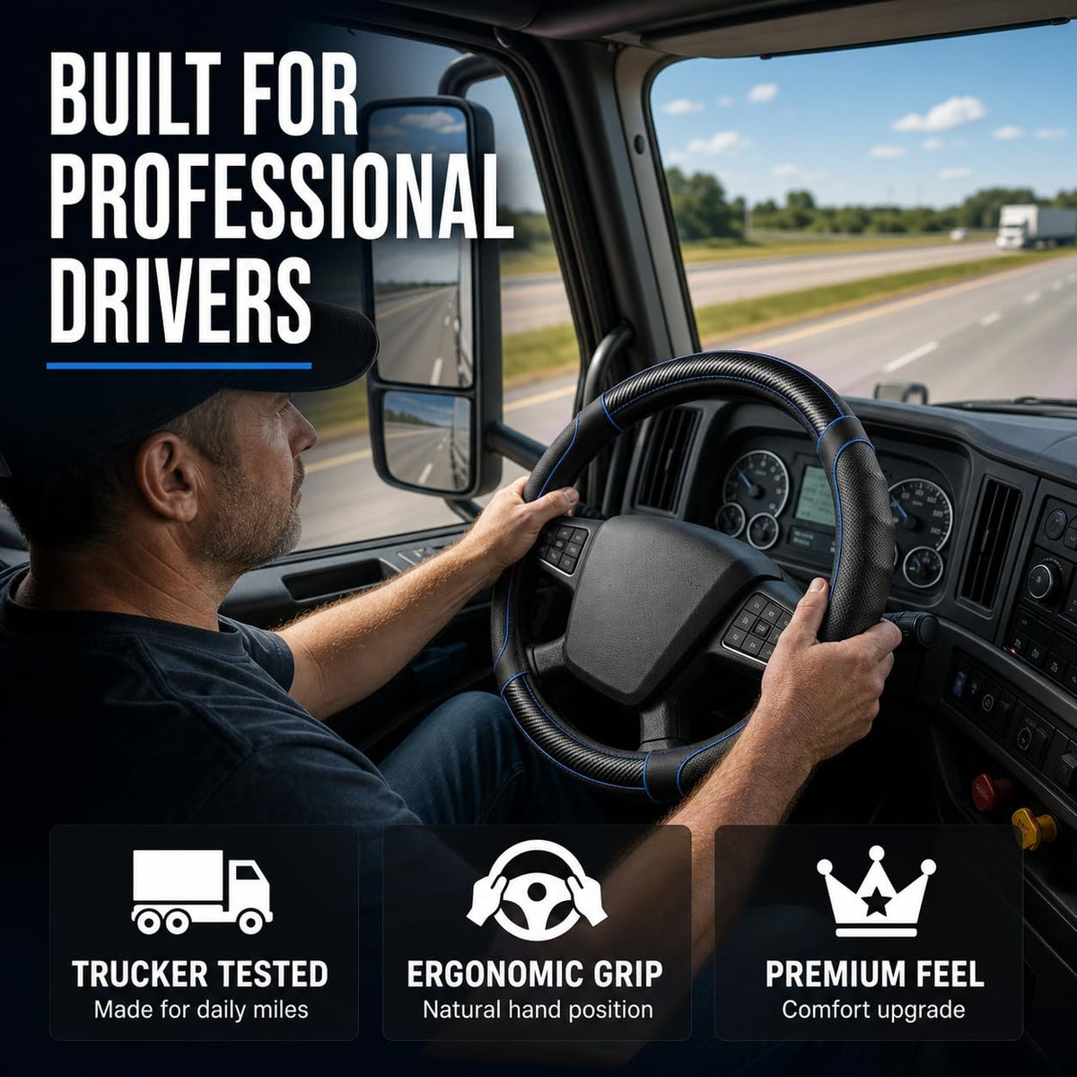 18 Inch Semi Truck Steering Wheel Cover for Freightliner Cascadia, Kenworth T680 T880, Peterbilt 579 & Volvo VNL – Heavy Duty Anti-Slip Leather Grip for Big Rig Class 8 Trucks