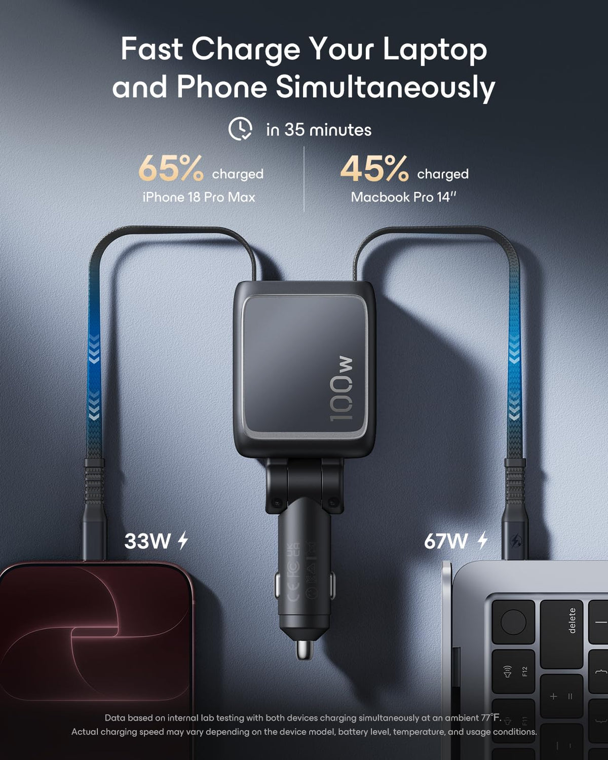 ESR Xtend 100W Retractable Car Charger with AVS, 3-in-1, USB-C & USB-A