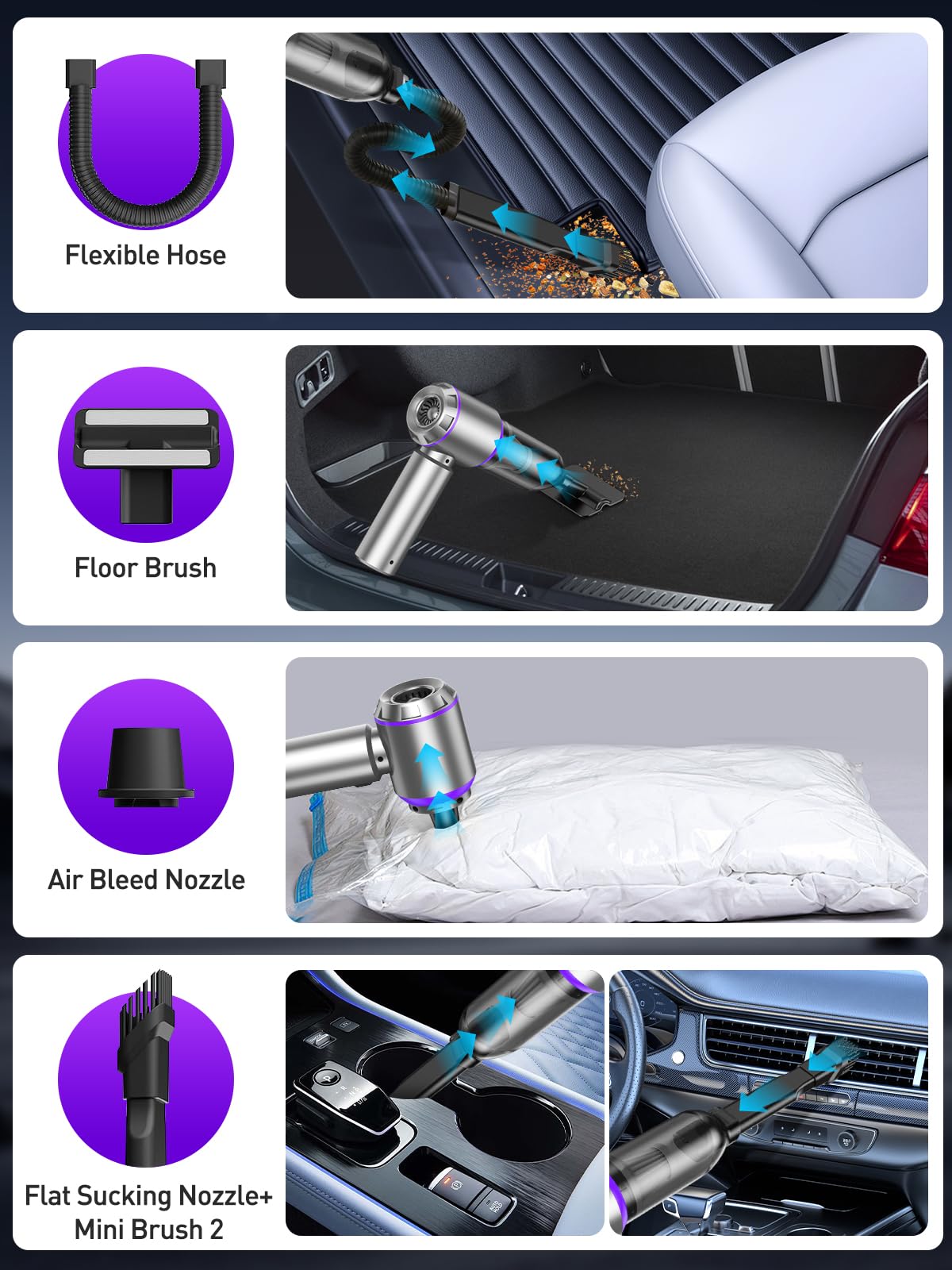 IYOFINE Car Vacuum Portable Cordless 21000PA High Power Mini Vacuum Cleaner 4-in-1 Compressed Air Duster & Air Blower & Pump Hand Held Vacuum with Brushless Motor for Car, Home, Office