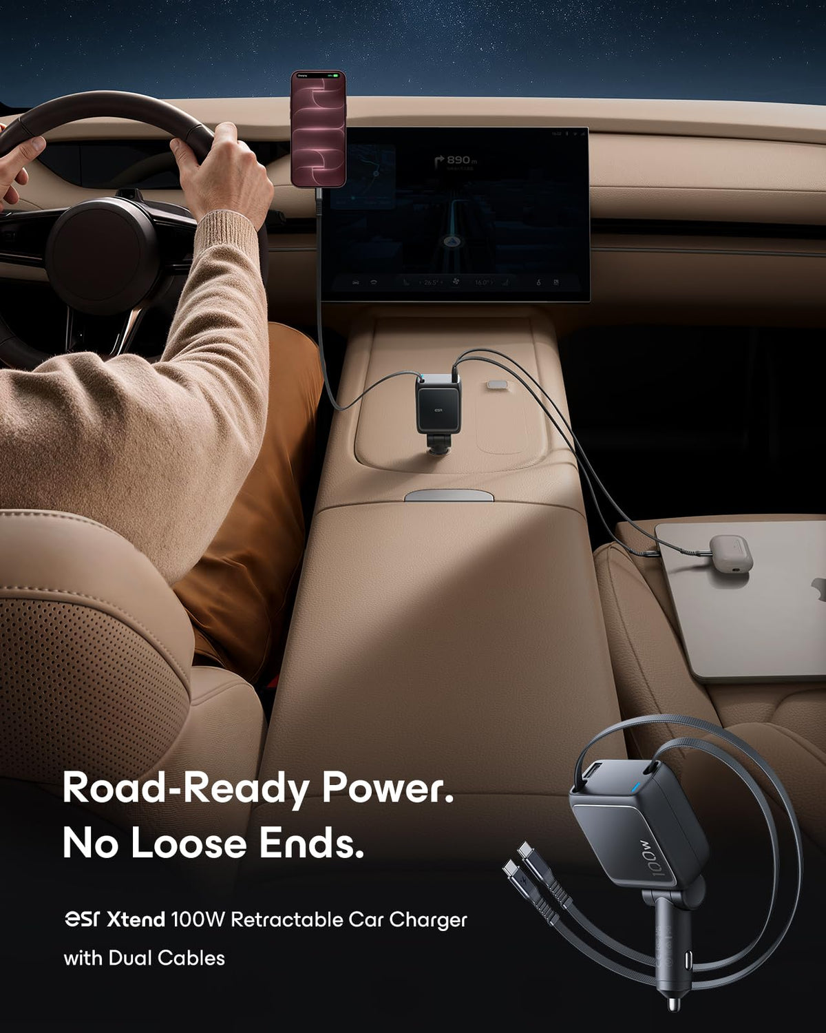 ESR Xtend 100W Retractable Car Charger with AVS, 3-in-1, USB-C & USB-A