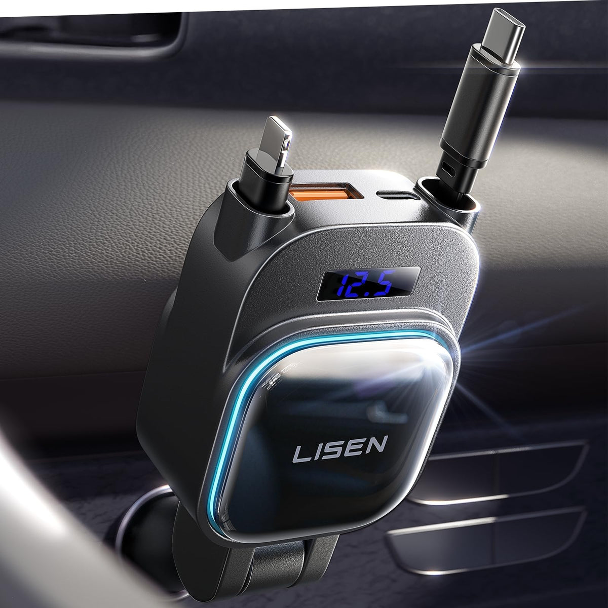 LISEN 96W 4 in 1 Retractable Car Charger with USB C & Lightning Cable for iPhone 17 Pro Max 16 15 14 13 12, Samsung Galaxy S25 S24, Android - Fast Charging Cigarette Lighter Adapter