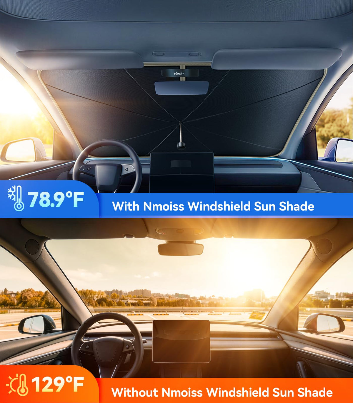 Nmoiss True Dual Layer Air Cooled Windshield Sun Shade Umbrella - [Drive to Superior Coolness & Comfort] Block 99% UV Sun Rays & Heat Damage Keep Cool and Protect Interior