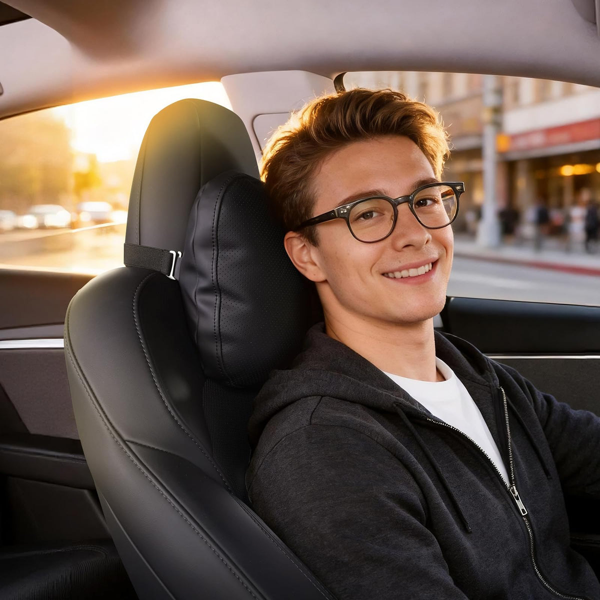 Quintor Genuine Nappa Leather Neck Pillow for Tesla Model Y/3/X/S, Car Seat Headrest Cushion 2-Pack, True Height & Thickness Adjustable, with Luxury Gift Box