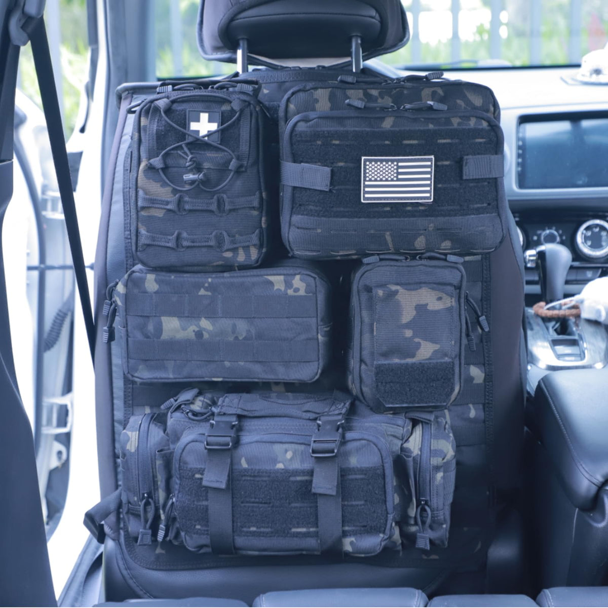 Universal Tactical Car Seat Back Organizer Bag Tactical Molle Vehicle Organizers Panel Vehicle Protector Organizers with 5 Detachable Pouches for Car Truck Ford Jeep