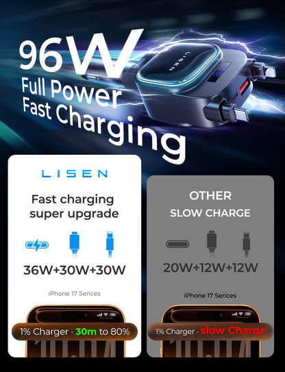 LISEN 96W 4 in 1 Retractable Car Charger with USB C & Lightning Cable for iPhone 17 Pro Max 16 15 14 13 12, Samsung Galaxy S25 S24, Android - Fast Charging Cigarette Lighter Adapter