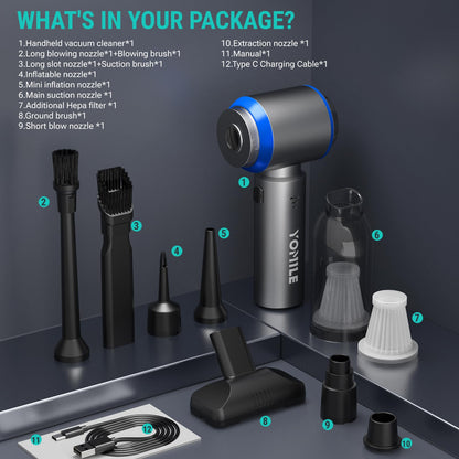 Yomile Mini Vacuum Cleaner, 2 in 1 25000PA Brushless Car Vacuum Air Duster 9000mAh Battery Air Blower Handheld Vacuum for Car,Office and Home