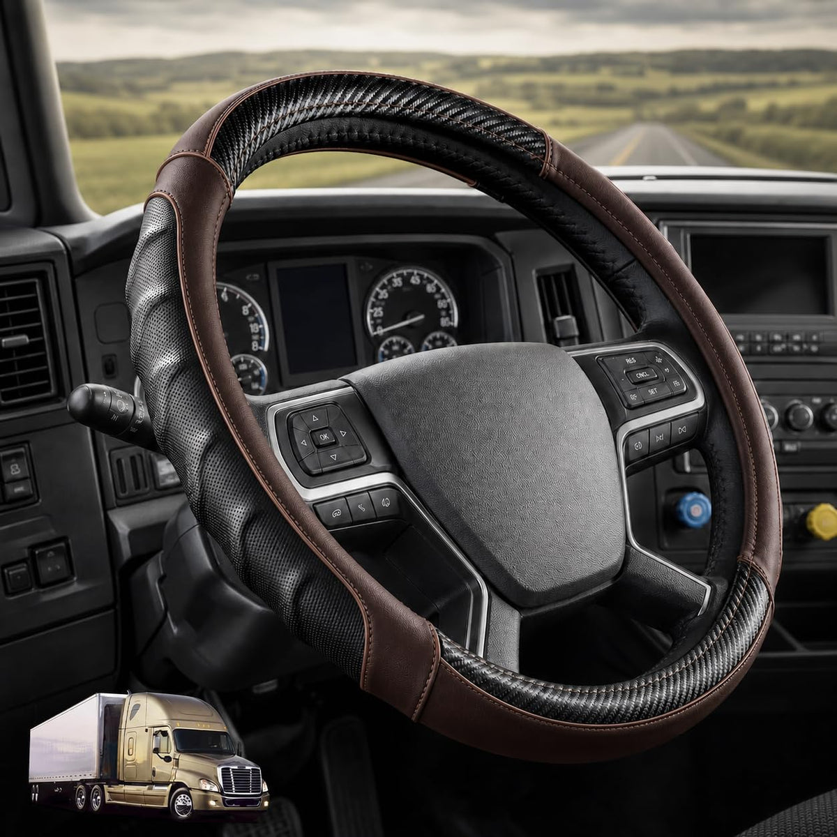 18 Inch Semi Truck Steering Wheel Cover for Freightliner Cascadia, Kenworth T680 T880, Peterbilt 579 & Volvo VNL – Heavy Duty Anti-Slip Leather Grip for Big Rig Class 8 Trucks