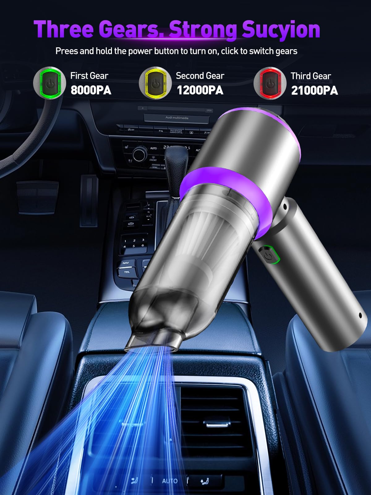 IYOFINE Car Vacuum Portable Cordless 21000PA High Power Mini Vacuum Cleaner 4-in-1 Compressed Air Duster & Air Blower & Pump Hand Held Vacuum with Brushless Motor for Car, Home, Office