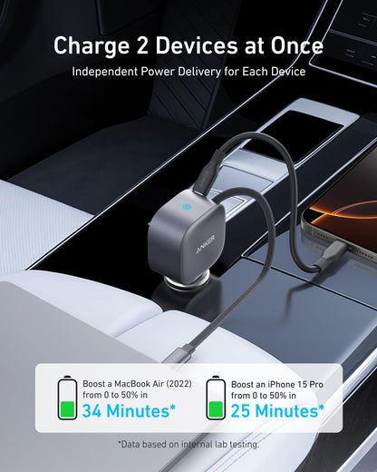 Anker 75W Fast Charging USB C Car Charger with Retractable Built-in Cable