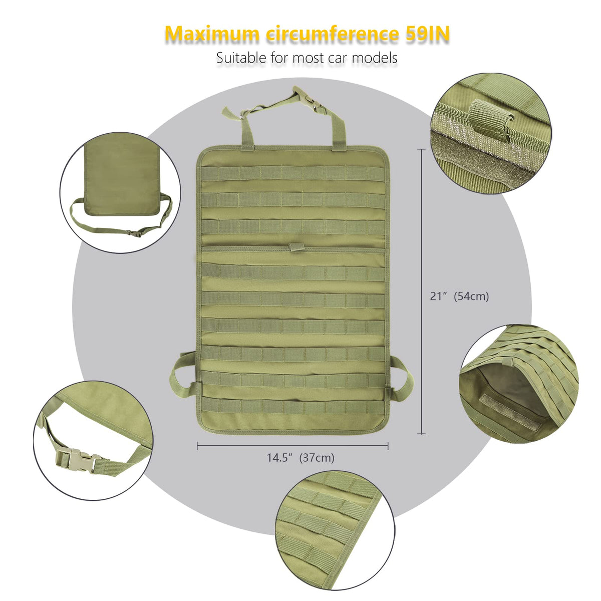 Universal Tactical Car Seat Back Organizer Bag Tactical Molle Vehicle Organizers Panel Vehicle Protector Organizers with 5 Detachable Pouches for Car Truck Ford Jeep