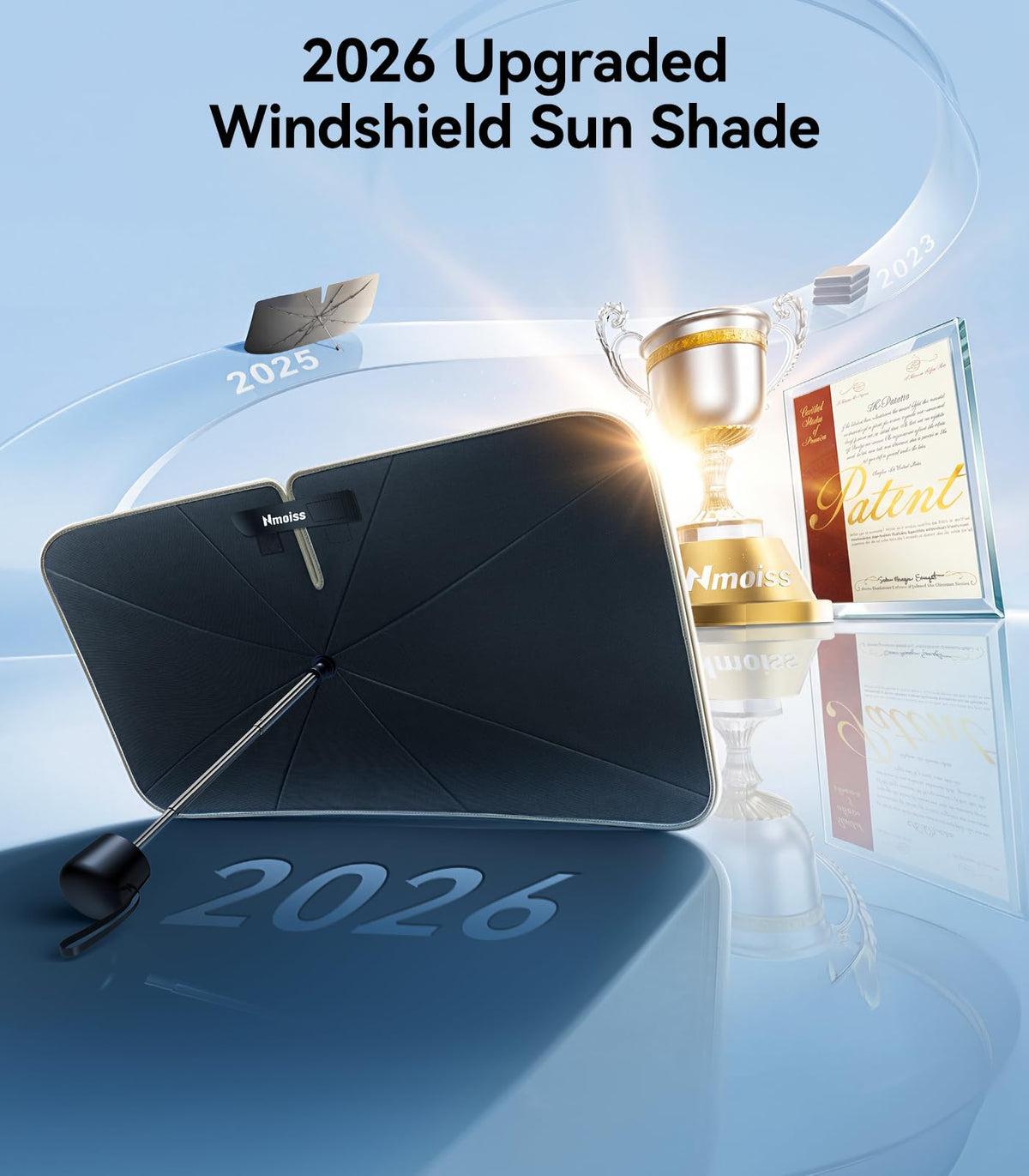 Nmoiss True Dual Layer Air Cooled Windshield Sun Shade Umbrella - [Drive to Superior Coolness & Comfort] Block 99% UV Sun Rays & Heat Damage Keep Cool and Protect Interior