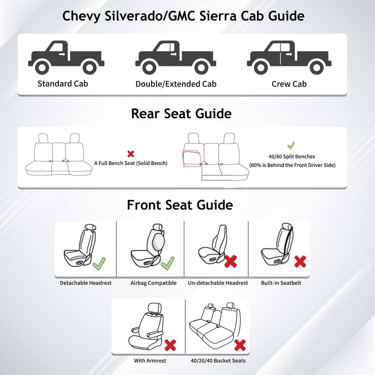 Huidasource Fit for Silverado Sierra Seat Cover, Thickened Split Nappa Leather Truck Seat Covers