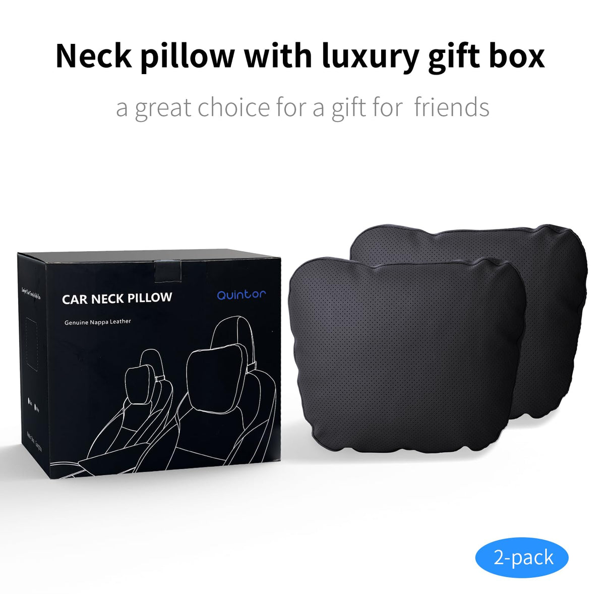 Quintor Genuine Nappa Leather Neck Pillow for Tesla Model Y/3/X/S, Car Seat Headrest Cushion 2-Pack, True Height & Thickness Adjustable, with Luxury Gift Box
