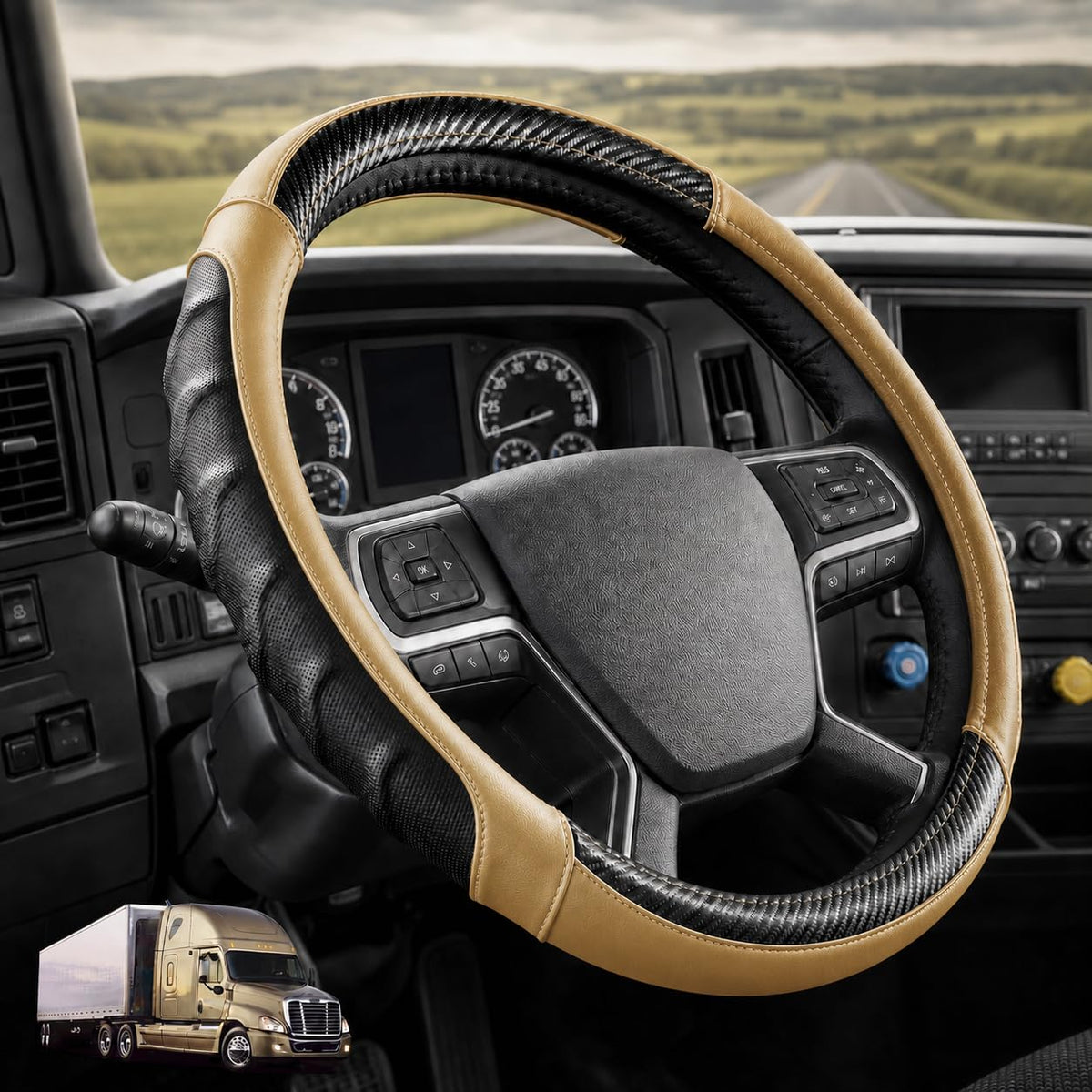 18 Inch Semi Truck Steering Wheel Cover for Freightliner Cascadia, Kenworth T680 T880, Peterbilt 579 & Volvo VNL – Heavy Duty Anti-Slip Leather Grip for Big Rig Class 8 Trucks