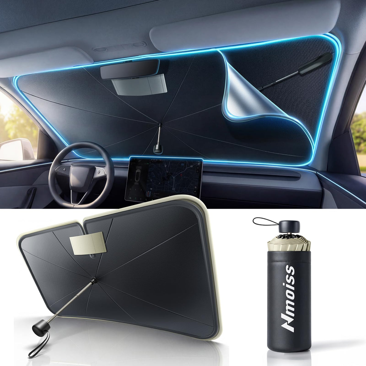 Nmoiss True Dual Layer Air Cooled Windshield Sun Shade Umbrella - [Drive to Superior Coolness & Comfort] Block 99% UV Sun Rays & Heat Damage Keep Cool and Protect Interior