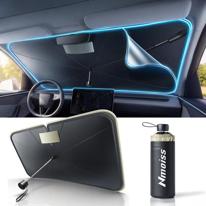 Nmoiss True Dual Layer Air Cooled Windshield Sun Shade Umbrella - [Drive to Superior Coolness & Comfort] Block 99% UV Sun Rays & Heat Damage Keep Cool and Protect Interior