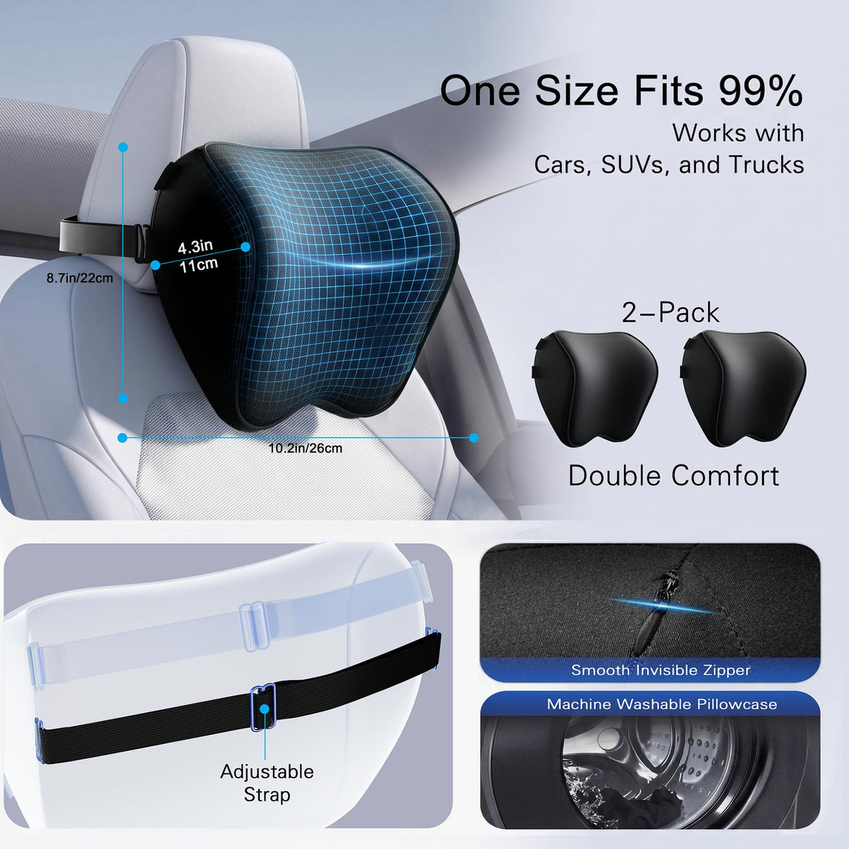 Crofy 2-Pack Car Neck Pillow, Headrest Pillow with Adjustable Strap