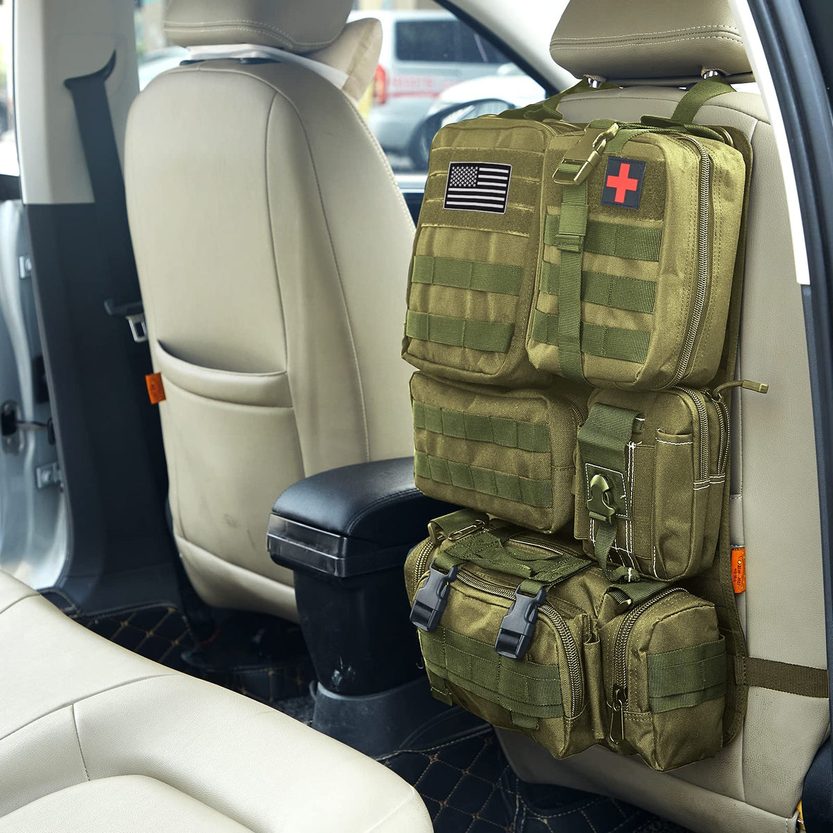 Universal Tactical Car Seat Back Organizer Bag Tactical Molle Vehicle Organizers Panel Vehicle Protector Organizers with 5 Detachable Pouches for Car Truck Ford Jeep