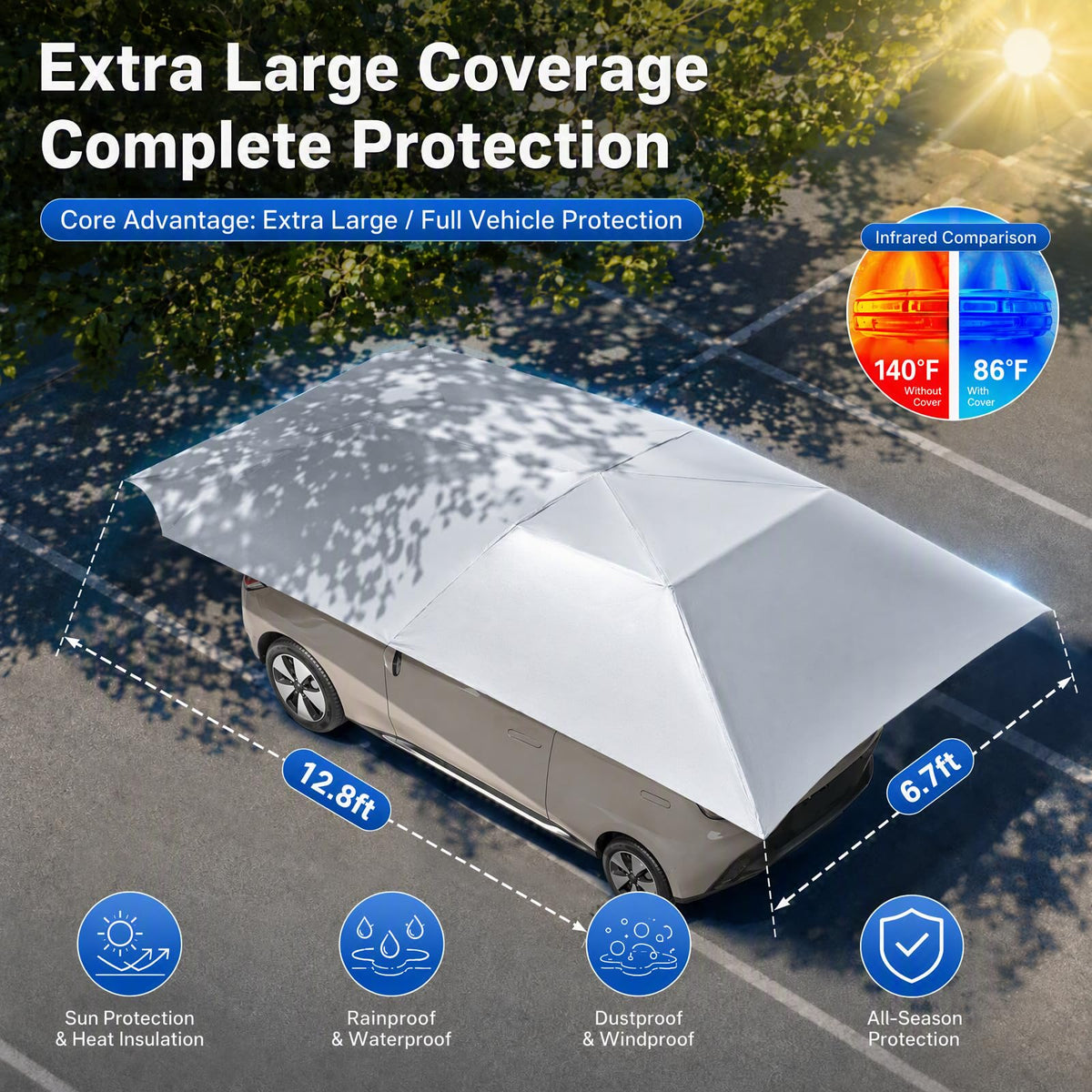 Car Sun Shade Umbrella Tent, UPF 30+ Waterproof Car Canopy Awning Cover, Wind Resistant Anti-Theft Car Protective Tent with Hydraulic Assist for Sun Rain Dust Protection