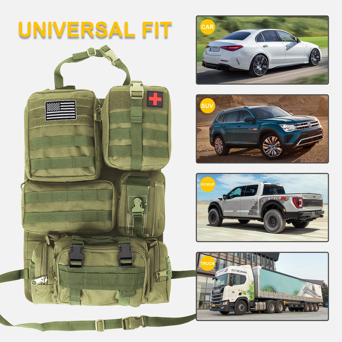 Universal Tactical Car Seat Back Organizer Bag Tactical Molle Vehicle Organizers Panel Vehicle Protector Organizers with 5 Detachable Pouches for Car Truck Ford Jeep