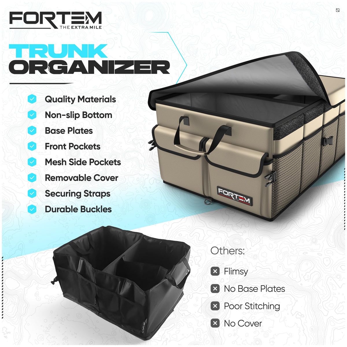 FORTEM Trunk Organizer - Foldable Car Organizer & Storage for SUVs & Trucks