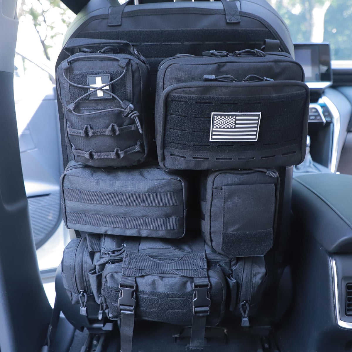 Universal Tactical Car Seat Back Organizer Bag Tactical Molle Vehicle Organizers Panel Vehicle Protector Organizers with 5 Detachable Pouches for Car Truck Ford Jeep