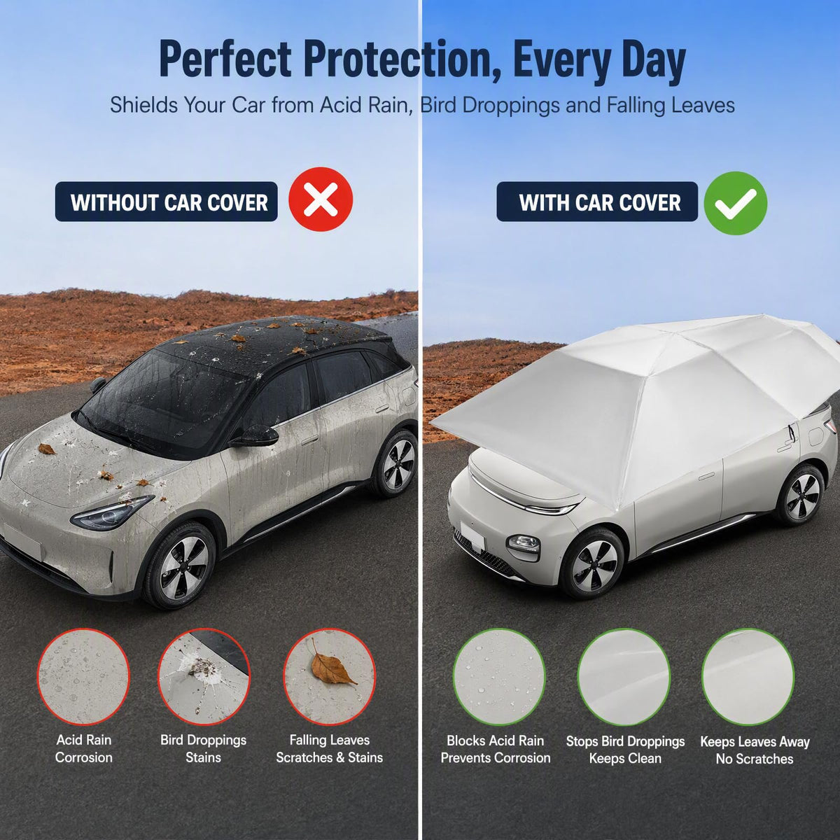 Car Sun Shade Umbrella Tent, UPF 30+ Waterproof Car Canopy Awning Cover, Wind Resistant Anti-Theft Car Protective Tent with Hydraulic Assist for Sun Rain Dust Protection