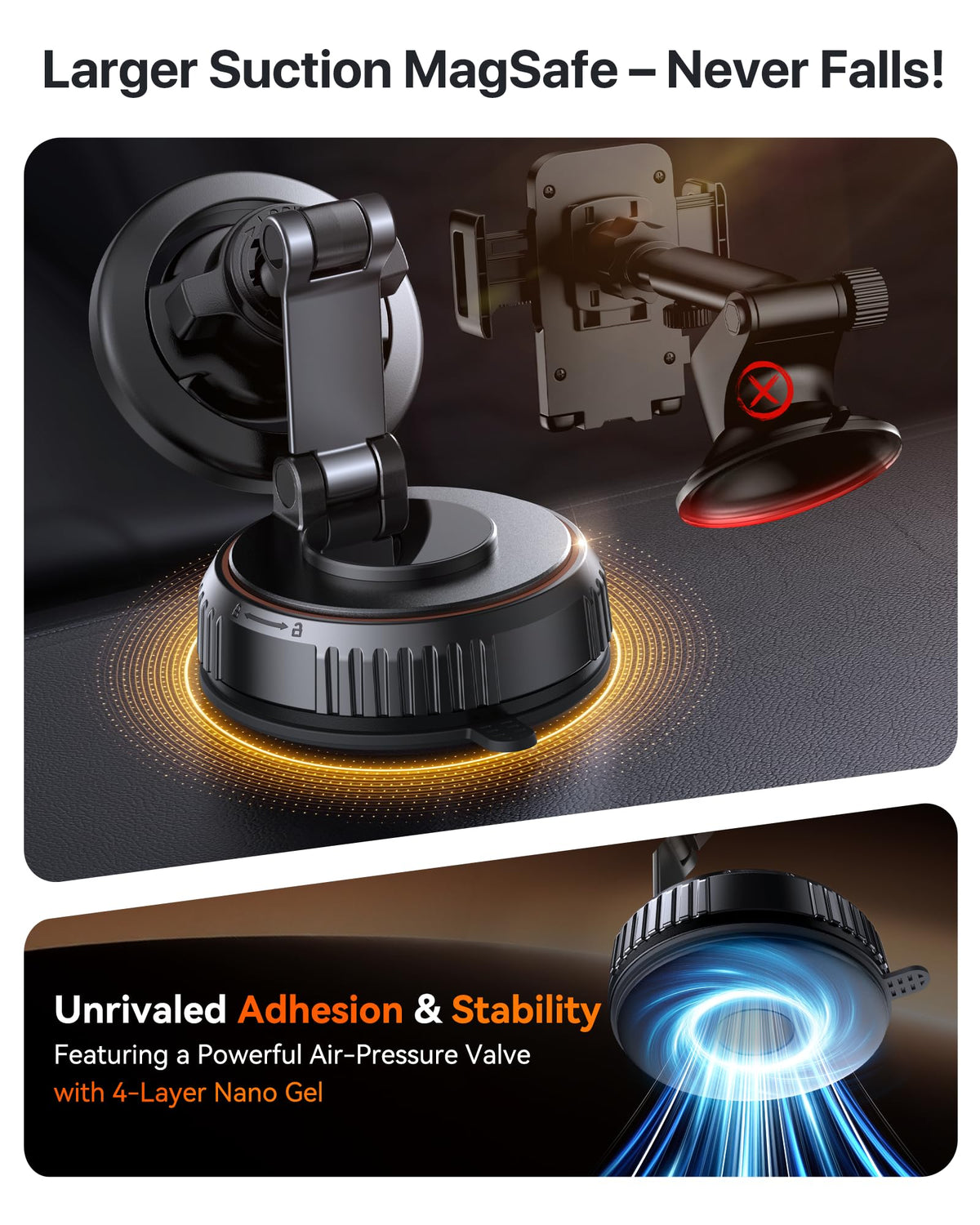 Miracase for MagSafe Car Mount[3600gf Strong Magnet & 89+LBS Suction Base]Vacuum Magnetic Phone Holders for Your Car, 360° Adjustable Dashboard & Windshield Mount with Dash Accents for Speakerphones